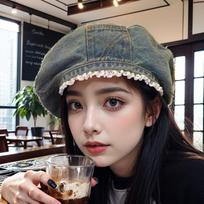 Vintage Washed Denim Summer Lace Beret Niche Big Head Circumference Showing Buds Cloud Painter Hat One size