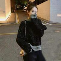 Women's Hong Kong Style Black Sweater with Sequins Loose Fit for Outerwear Lazy and Casual All-Match Knitwear M