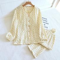 New Spring/Summer Women's Pajama Set 100% Cotton Crepe Long Sleeved Pants Ladies Two Piece Set with Chest Cushion Homewear M