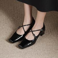 Krazing Pot Sheepskin Fashion Summer Spring Autumn Med Heels buckle straps Women  European Design Square Toe Pumps 35 juoda