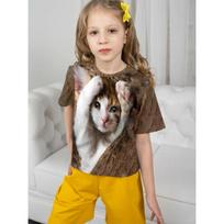Girl's Cute Cat Hug Head Brown T-shirt Children's Round Neck Short Sleeve Top 110