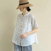 Artistic Retro Polka Dot Cotton Linen Shirt Women's Short Sleeved Summer Loose Forest Top Blouses & Shirts S balta