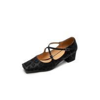 Krazing Pot Full Grain Leather Fashion Spring Autumn Med Heels Women Square Toe Buckle Straps Shoes Leopard Shallow Pumps 35 juoda