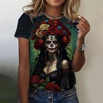 Summer Round Neck 3D Rose Skull Pattern Printed Top Fashionable Casual Short Sleeved Women's T-shirts 4XL