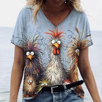 Summer V-neck 3D Animal Chicken Pattern Printed Top Fashionable Casual Short Sleeved Women's T-shirts S
