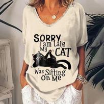 Summer V-neck 3D Cat Pattern Printed T-shirt Fashionable and Casual Short Sleeved Women's T-shirts S