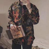 Men's Hong Kong-Style Retro Chain Print Loose Long-Sleeve Shirt M juoda