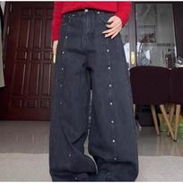 Metal Rivets Wide Leg Women Denim Pants Baggy High Waist Jeans Pants Distressed Dragging Trousers Hip Hop Casual High Street Pant S juoda