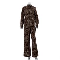 Moteriškas leopardo rašto kelnių kostiumas, vintažinis, su atlapais, vienaeilis, rankovės su plunksnomis, aukštu juosmeniu, plačių kelnių komplektai, moteriški pavasariniai drabužiai S leopardas