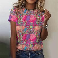 Summer Round Neck 3D Ethnic Style Elephant Printed Top Fashionable Casual Short Sleeved Women's T-shirts XS