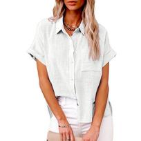 Vasaros moteriški vienspalviai lininiai marškiniai trumpomis rankovėmis, kasdieniai laisvi marškiniai 5XL balta