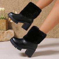 Women Fur High Heels Ankle Boots Leather Platform Shoes Woman 2025 Trend Winter Elegant Warm Pumps Motorcycle Boots Mujer Snow 35 juoda