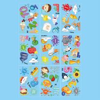Animaciniai lipdukai su angliškomis raidėmis, skaičiais, orais, ankstyvojo ugdymo pažinimo lipdukai vaikų kambario dekoravimui 20x30cmx9pcs įvairiaspalvis