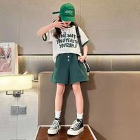 Children ClothingI tems Summer Color Block Sports Suit Letter T-shirt + Quarter Pants Korean Style Two-piece Set 170 žalia