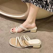 Step on shit feeling high heel one-word slippers women's shoes wear new summer thick heel temperament French sandals fairy sandals 35