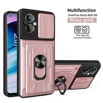 Window Push Camera Lens Phone Armor Case For OnePlus Nord 4 Nord CE4 3 Lite Magnetic Ring Slide Card Slot Stand Cover For One Plus 12R Ace3 Pro 10T 5G Nord 4 5G rožinio aukso spalvos
