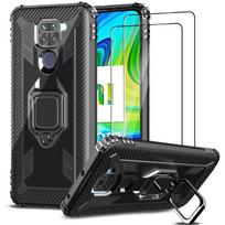 Coque pour Xiaomi Redmi Note 9 - LuffyShop - Verre Trempé - Béquille 360° - Anti-Chute Militaire - Noir