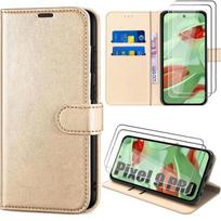 Case + 2 Tempered Glasses for Google Pixel 9 Pro, Scratch-Resistant Card Holder 360 Degree Protection Golden PU Leather