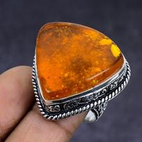 Baltiško gintaro rankų darbo 925 svarų sterlingų sidabro žiedas Dydis 8 A9j43