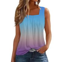 Women's Fashion Casual Pleated Square Collar Sleeveless Vest Print Summer T-shirt L mėlyna