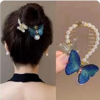 Tassel Pearl Embroidered Butterfly Hairpin Back Of The Head Hair Clip Female Ball Hair Accessories One Size mėlyna