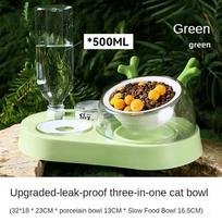 Pet Cat Bowl Automatic Feeder 500ML Water Dispenser Dog Cat Food Bowl with Drinking Raised Stand Double Dish Bowls 4 in 1 žalia