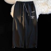 Drawstring Sports Pants Men's Hong Kong Style Harajuku Style Design Niche Casual Trousers S juoda