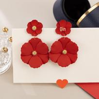 Red Retro Hong Kong Style Long Flower Earrings, Festive Mosquito Coil Ear Clips for Non-Pierced Ears