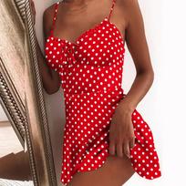 Women's Summer Fasion Polka Dot Printed Chest Lace Sexy Slim  Sling Dress XXL raudona