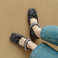 Krazing Pot Textiles Sheepskin Summer Size 40 Pearl Beading Med Heels Butterfly-knot Square Toe Elegant Sweety Shallow Pumps 35 juoda