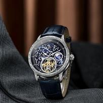 Vyriškas mechaninis automatinis verslo riešo laikrodis Tourbillon tuščiaviduris madingas naujas sportinis vandeniui atsparus švytintis mėnulio fazės laikrodis juoda