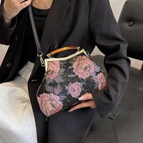 Vintage floral pattern evening clutch wooden handle clutch antique kiss lock shoulder crossbody bag lock frame bag
