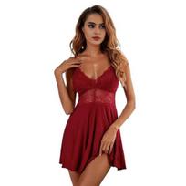 Moterims Babydoll naktiniai, permatomi nėriniai, seksualūs chemise naktiniai, gėlių nėriniai, pilnas apatinis trikotažas, V formos iškirptė, miego suknelė M vyno raudonos spalvos