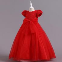 Girls Princess Dress Rose Flower Bow Tutu Long Gown Kids Breathable Mesh Party and Banquet Formal Wedding Performance Outfit 110cm raudona