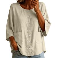 Women's Round Neck Button Front Shirt Cotton Solid Color Casual Loose Fit Shirt with Pockets Lightweight Comfortable Top XXL smėlis