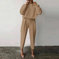 Office Lady Fahsion Elegant Commuter Set 2021 m. pavasario laisvalaikio apvalaus kaklo viršutiniai drabužiai ilgomis rankovėmis ir ilgos kelnės, 2 dalių kostiumas, laisvas apranga S kava
