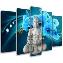 Penkių dalių paveikslas ant drobės Buddha Zen Orchid Turquoise 100x70 mėlyna