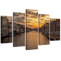 Penkių dalių paveikslų spaudinys ant drobės Amsterdam River City 100x70 smėlis