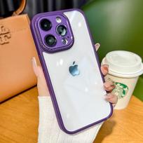 Prabangus skaidrus telefono dėklas, skirtas iPhone 14 13 12 Pro Max Metal Lens Protection Smūgiams atsparus silikoninis mobiliojo telefono dangtelis Fundas Shell For iPhone 13 violetinė