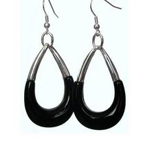 VINTAGE BLACK Natural jade HUGE 925 SILVER HOOK EARRING