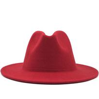 Simple Outer red Inner coffe Wool Felt Jazz Fedora Hats with Thin Belt Buckle Men Wide Brim Panama Trilby Cap 56-58CM 56-58CM Adjustable