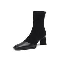 Krazing Pot Flock Cow Leather Winter Square Toe Thick High Heels Zipper Stretch Boots Stovepipe Women Solid Color Ankle Boots 34 juoda