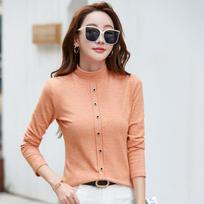 Moteriški marškinėliai su puskakliu apatiniu apačia, rudens ir žiemos korėjietiško stiliaus Slim Fit, šiltos sagos, ilgomis rankovėmis moteriški marškinėliai XXXL black