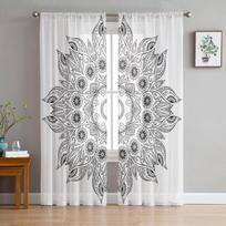Gėlių linijos Totemo tekstūra Tiulio užuolaidos Svetainei Permatoma užuolaida Miegamojo Voile Dekoratyviniai langų apmualai 135W x 114H(cm) white