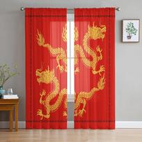 Drakono raudono fono lango tiulio užuolaidos, skirtos svetainei virtuvei, namų dekoravimui. 135W x 114H(cm)