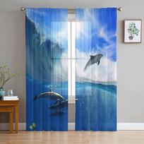 Jūros banga Saulės šviesa Delfinas Žuvis Tiulinės užuolaidos svetainei Užuolaidos Langų permatomos Modernios užuolaidos miegamojo dekorui 135W x 114H(cm) blue