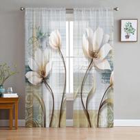 Senovinės tulpės gėlės drugeliai miegamojo skaidrios permatomos užuolaidos šventinės dekoracijos langas voile tiulio užuolaidos 135W x 114H(cm) white