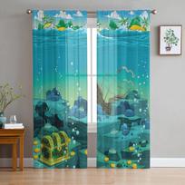 Treasure Chest Sea Pirate Ship Tulle Curtains Balcony Room Fashion Printed Sheer Curtain Living Room Window Modern Decor 135W x 114H(cm)