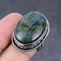 Natūralus labradorito brangakmenis rankų darbo 925 prabos sidabrinis žiedas, dydis 8 r3I41 gray
