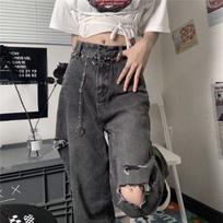 Kelnės moterims Vasarinės Retro Aukštas juosmuo Suplyšusios Skylės Džinsai Laisvos Plonos Tiesios Plačios Kojos Pops Kelnės Mada 2XL pilka/juoda